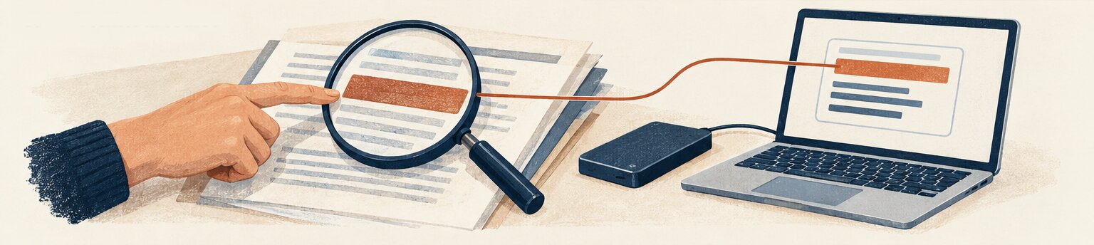 Une loupe montre la ligne surlignée sur le document papier ; un fil la relie à la même ligne affichée sur l’ordinateur : la réponse se vérifie à la source.