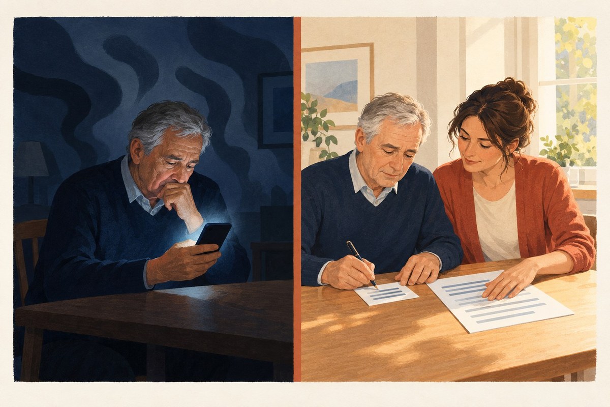 Bernard et Sophie préparent des questions à partir d’une feuille de résultats, avec un ordinateur à côté.