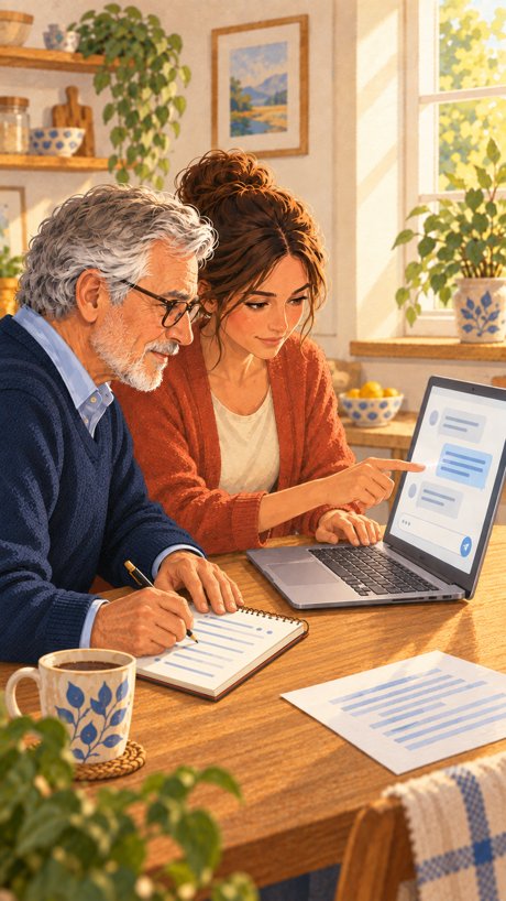 Bernard et Sophie préparent leurs questions avec un ordinateur.