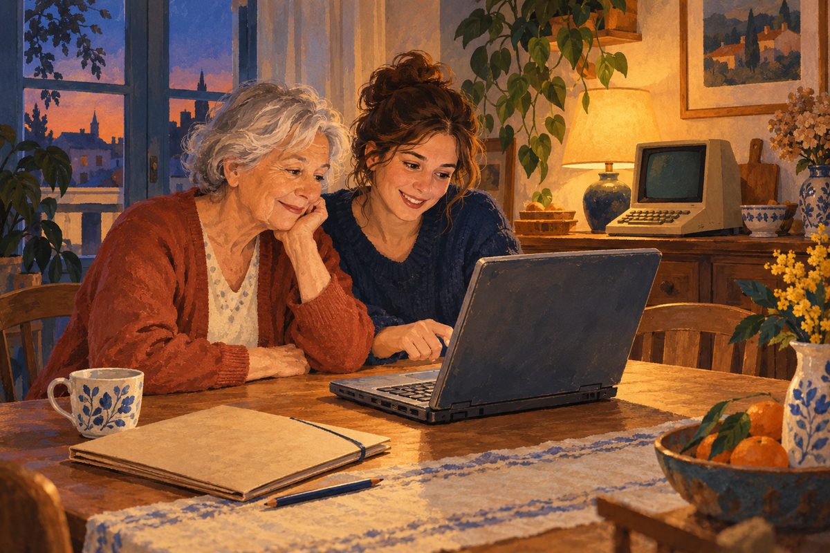 Jeanne et sa petite-fille essaient un ancien ordinateur à la table de la cuisine.