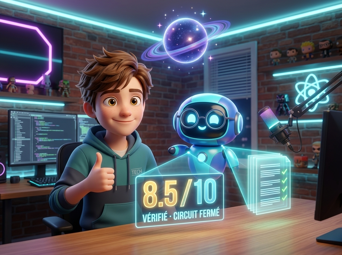 Gigs lève le pouce à côté d’un petit robot à lunettes. Un panneau lumineux affiche « 8.5 / 10 · Vérifié · Circuit fermé » à côté d’une pile de pages cochées.