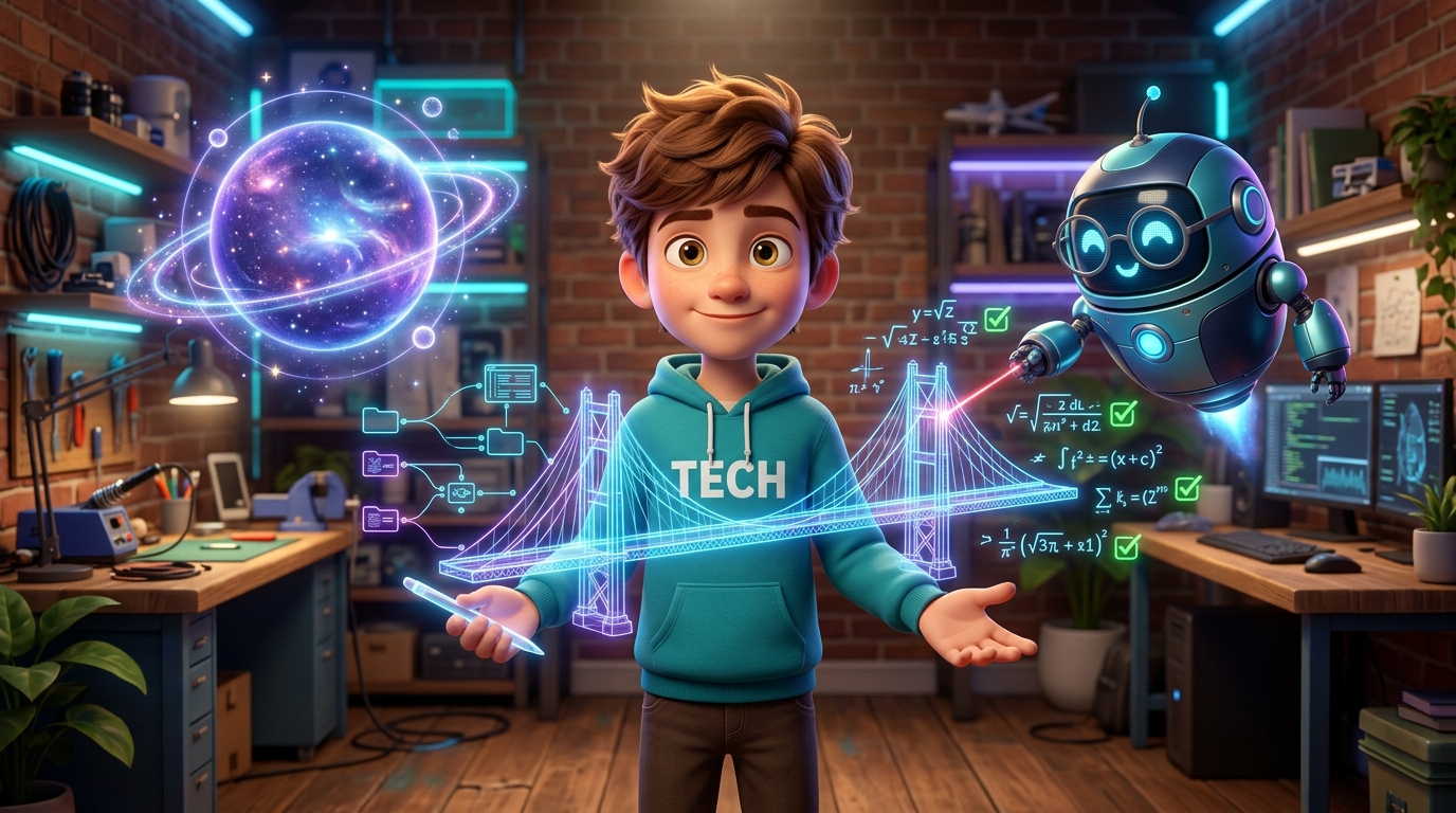 Gigs, debout au milieu du Labo, fait le lien entre une planète lumineuse qui dessine un pont et des schémas, et un petit robot à lunettes qui vérifie des formules cochées en vert.