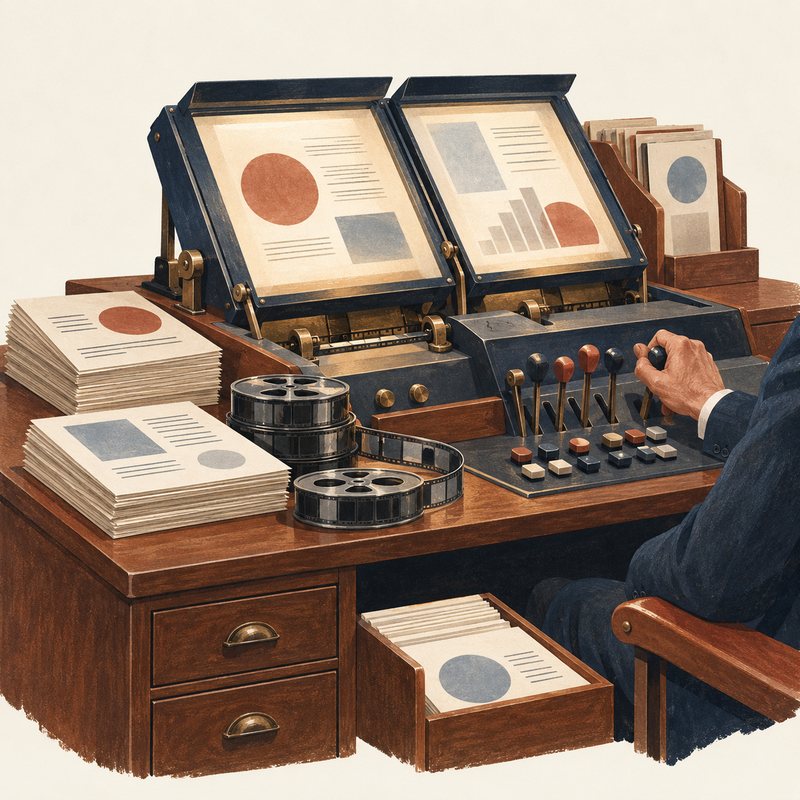 Un grand bureau des années 1940 avec deux écrans inclinés, des leviers, des bobines de microfilm et des piles de documents.