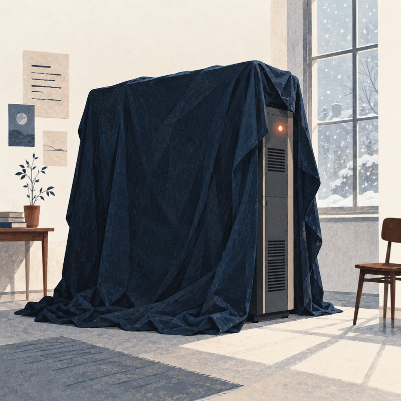 Une grande machine recouverte d’une housse bleu nuit dans une salle vide, la neige tombe derrière la fenêtre.