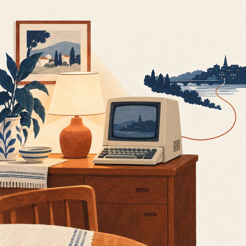 Un Minitel beige au clavier rabattu, posé sur un buffet de salle à manger, à côté d’une lampe.