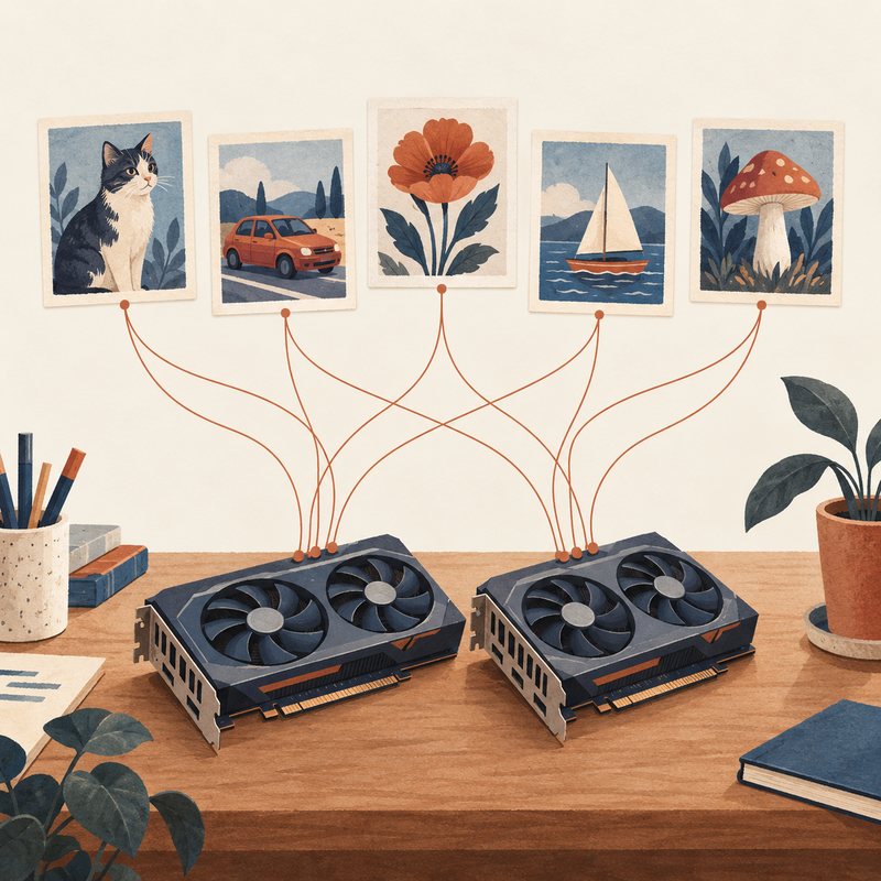 Des petites images, chat, voiture, fleur, voilier, champignon, reliées par des fils à deux cartes graphiques.