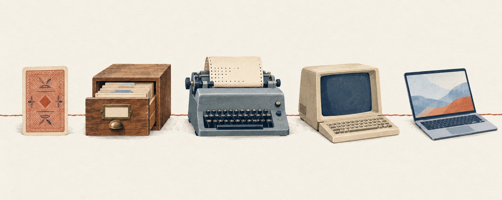 Une frise d’objets reliés par un fil terracotta : une carte à jouer, un tiroir de fiches, un téléscripteur, un Minitel et un ordinateur portable.