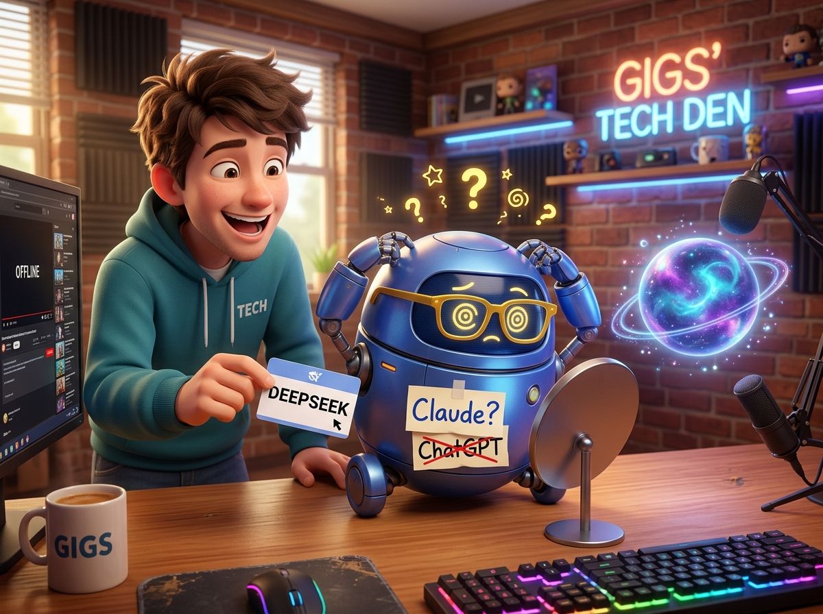 Gigs, hilare, tend un badge « DEEPSEEK » à un petit robot à lunettes aux yeux en spirale ; sur son ventre, une étiquette « Claude ? » au-dessus de « ChatGPT » barré.