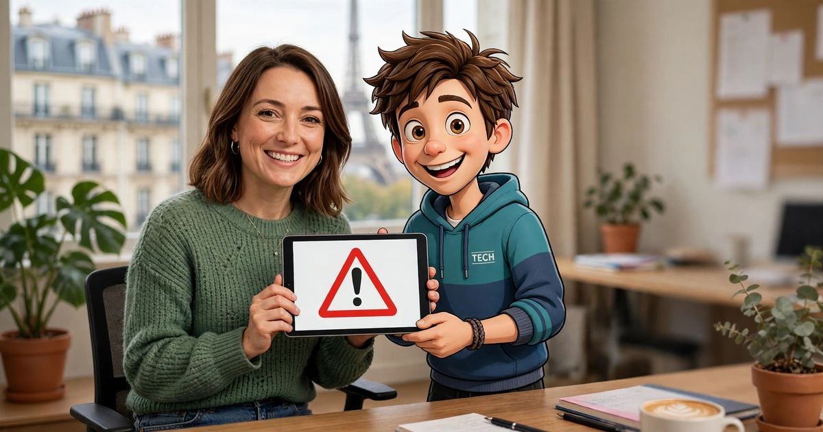 Sara et Gigs, souriants, montrent une tablette avec le panneau triangulaire « Autres dangers ».