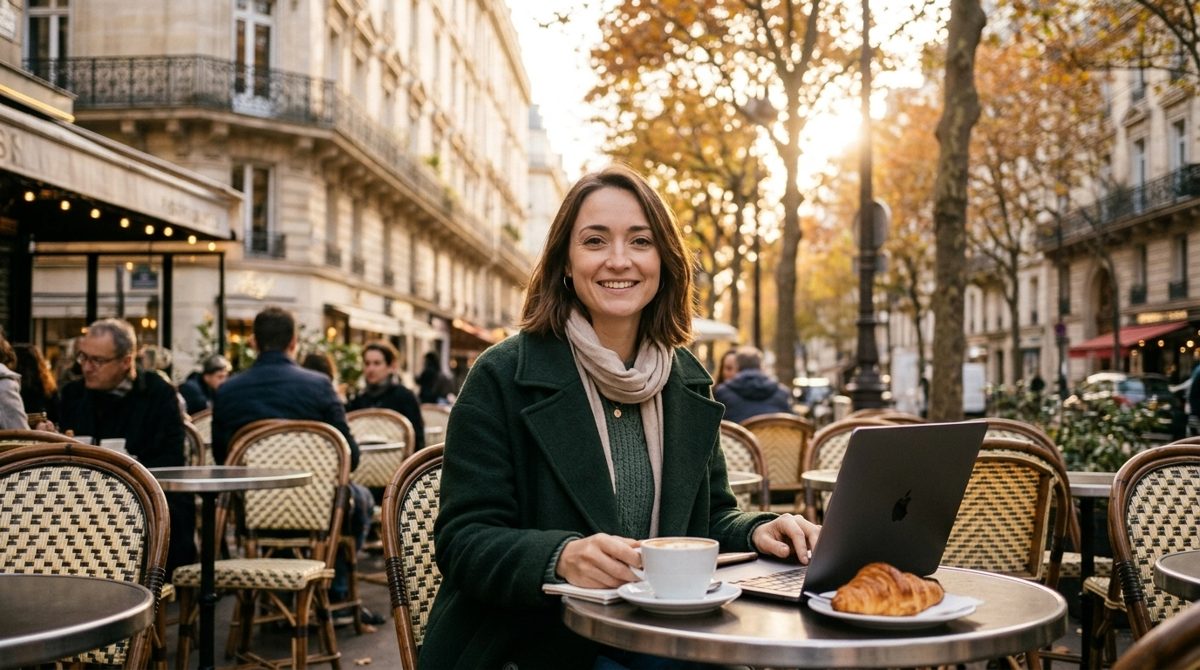 Sara, en manteau vert et écharpe, sourit à une terrasse de café parisienne en automne, une tasse à la main, un ordinateur portable et un croissant sur la table.