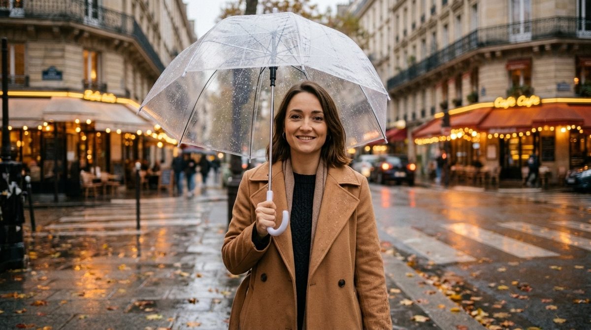 Sara, en manteau camel, tient un parapluie transparent dans une rue de Paris mouillée par la pluie, devant des cafés éclairés.